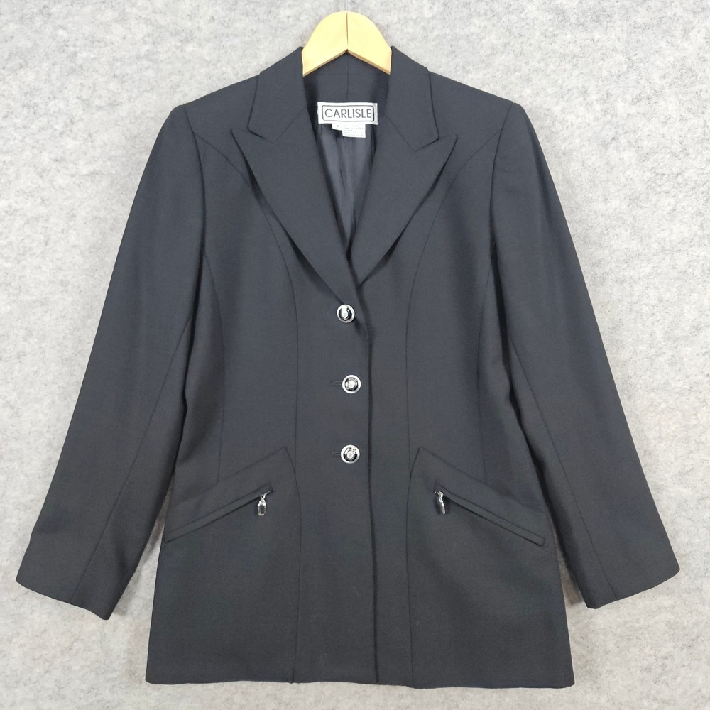 Carlisle‎ Women's Black Wool Blazer Size 6 Single Breasted Crest Buttons PINHOLE
